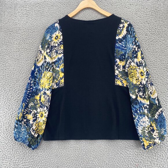Chicos Top Womens 0 US Small Black Blue Floral Drops Bishop Long Sleeve Knit NWT - Picture 3 of 11